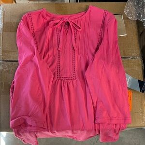 Women’s Tie-Neck Pink Pintuck Peasant Blouse